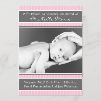 Simple Stripes Baby Announcement (pink) by WindyCityStationery at Zazzle