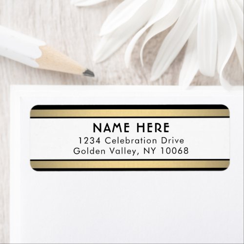 Simple Stripes Black Gold and White Return Address Label