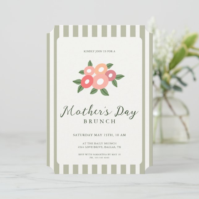 Simple Stripes Floral Mothers Day Brunch Invitation (Standing Front)