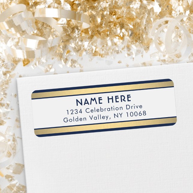 Simple Stripes Navy Blue White Gold Return Address Label (Creator Uploaded)