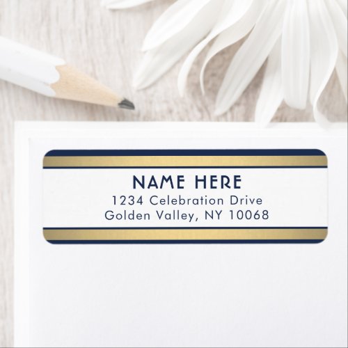 Simple Stripes Navy Blue White Gold Return Address Label