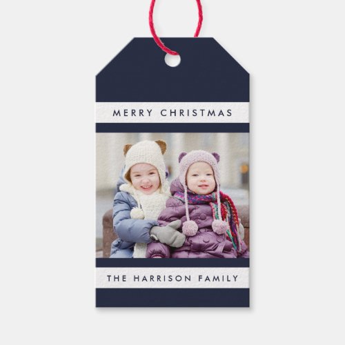 Simple Stripes Photo Holiday Gift Tags  Navy