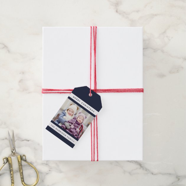Simple Stripes Photo Holiday Gift Tags / Navy