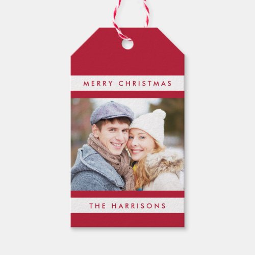 Simple Stripes Photo Holiday Gift Tags  Red