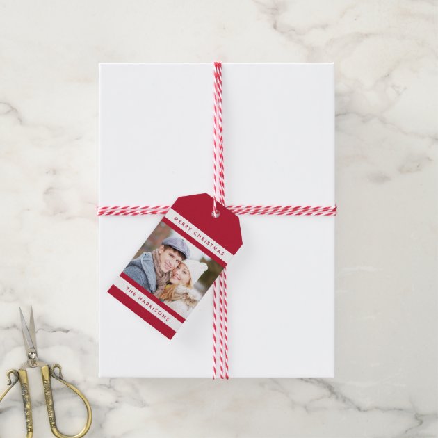 Simple Stripes Photo Holiday Gift Tags / Red