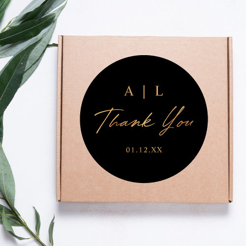 Simple Stylish Black and Gold Wedding Thank You Classic Round Sticker