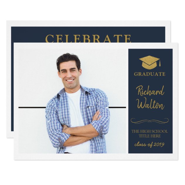 Simple Stylish Blue & Gold Photo Graduation Party Card