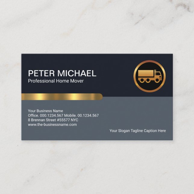 Simple Stylish Blue Layers Gold Stripe Moving Business Card (Front)
