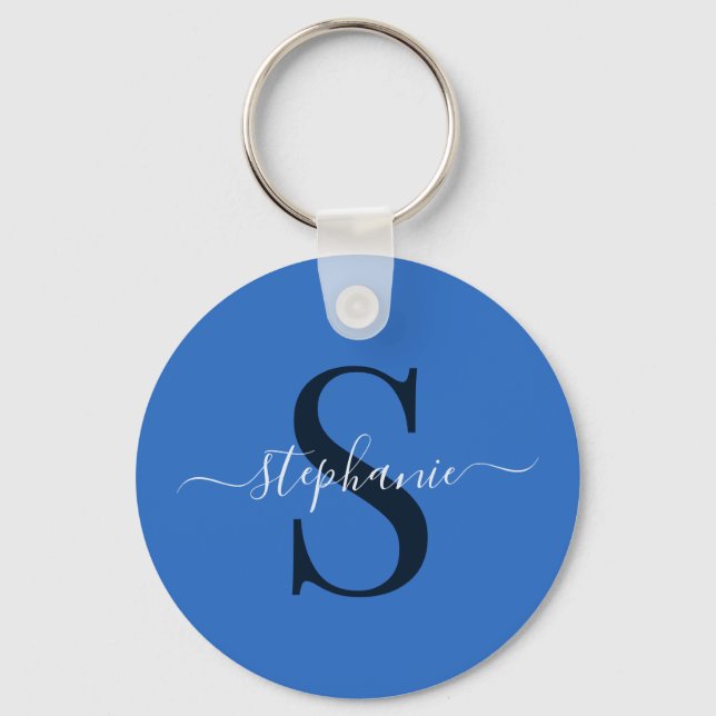 Simple Stylish Blue Monogram Initial First Name Keychain (Front)