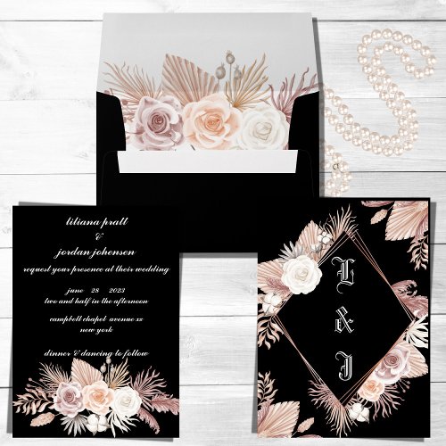 SIMPLE STYLISH BOHO BLACK FLORAL WEDDING INVITATION