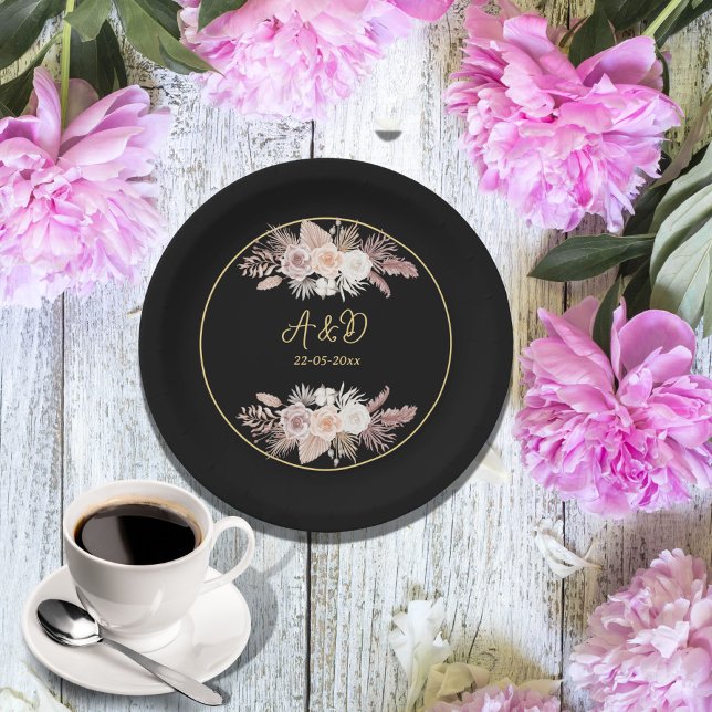 SIMPLE STYLISH BOHO BLACK FLORAL WEDDING  PAPER PLATES (Creator Uploaded)