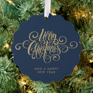 Simple Stylish Botanical Merry Christmas Script Ornament Card