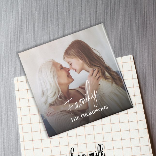 Simple Stylish Calligraphy Script Photo Overlay Magnet (Family white calligraphy script block style lettering photo magnet.)