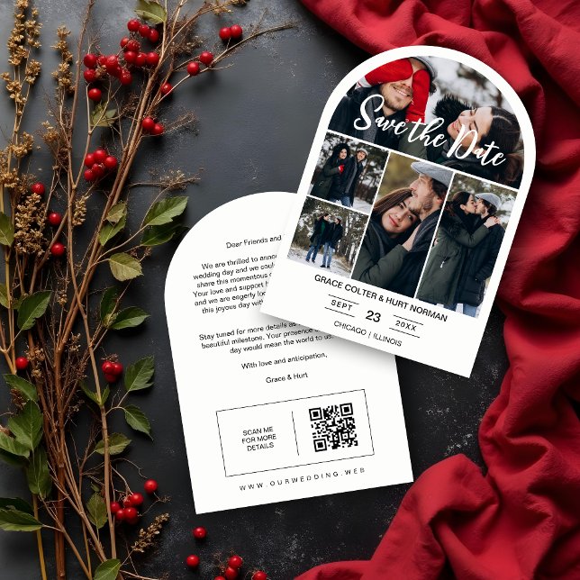 Simple Stylish Chic Arch Collage 5 Photos Wedding Save The Date (Simple Stylish Chic Arch Collage 5 Photos Wedding Save the Date Cards with Back QR Code.)