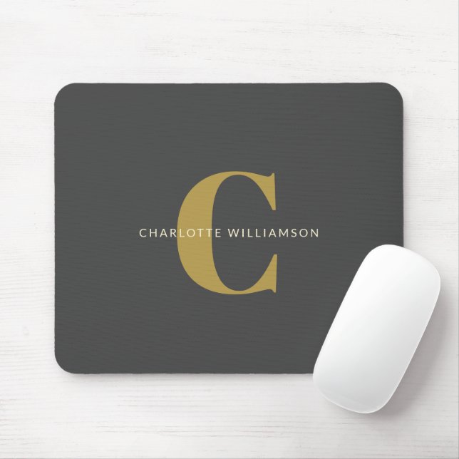 Simple Stylish Chic Monogram Name in Black Gold Mouse Pad (With Mouse)