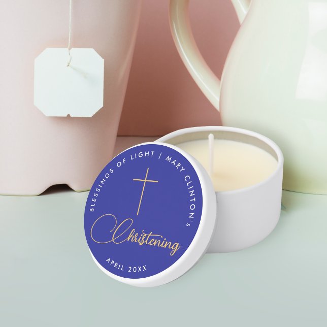 Simple Stylish Faith Royal Blue Baptism Gold Cross Mini Candle Favors (Creator Uploaded)