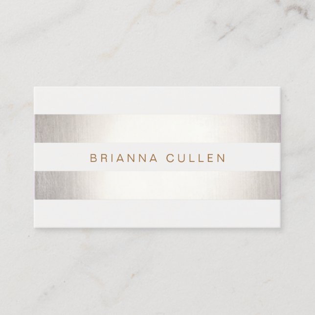 Simple Stylish FAUX Silver and White Striped Business Card (Front)