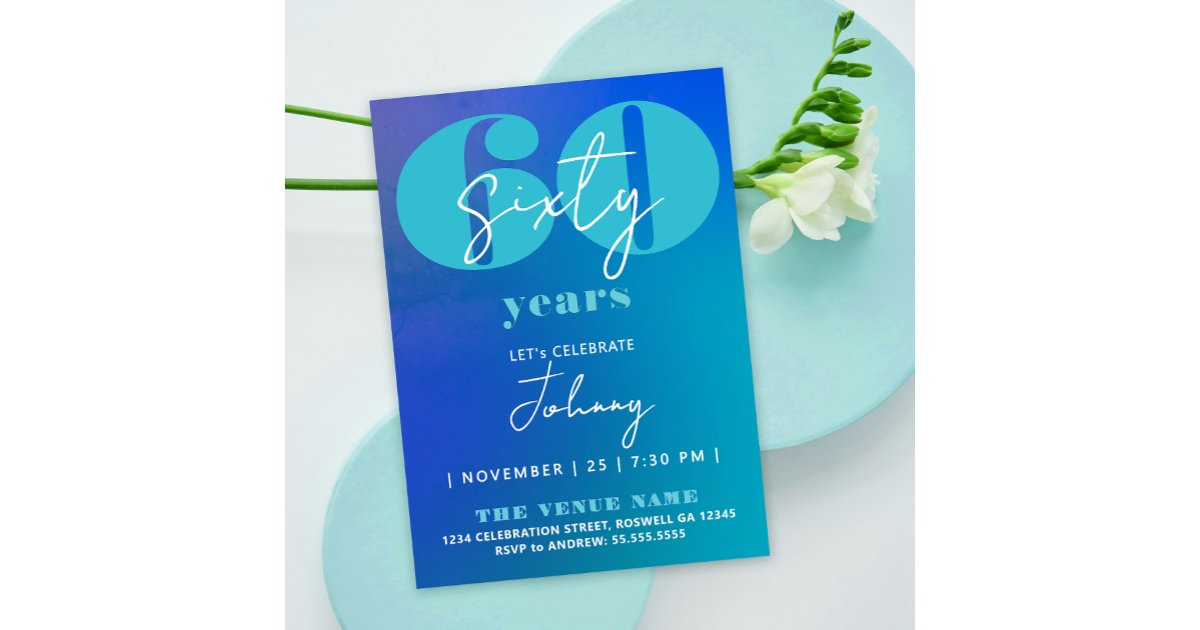 Fun Blue Invite Frame Simple Stylish Fun Blue White 60th Bold Typography Invitation | Zazzle