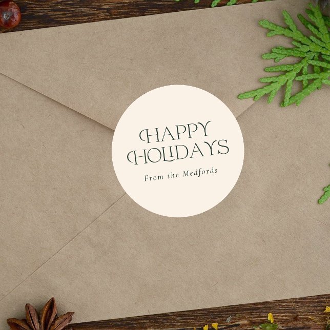Simple Stylish Happy Holidays | Green Ivory Classic Round Sticker (Creator Uploaded)