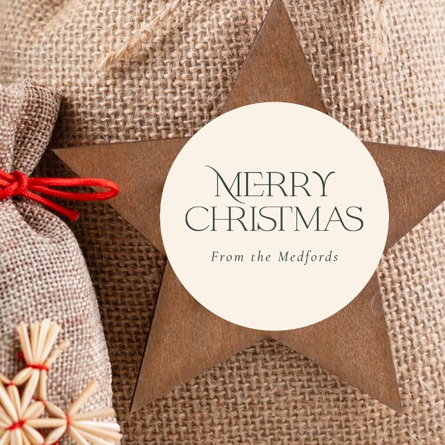 Simple Stylish Merry Christmas | Green Ivory Classic Round Sticker (Creator Uploaded)