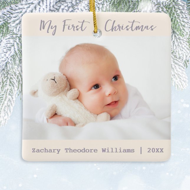Simple Stylish Minimalist Baby's First Christmas Ceramic Ornament (An elegant ceramic ornament for the Christmas tree, to personalize with two photos of your baby)