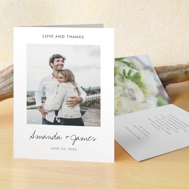 Simple Stylish Modern Black Script Photo Wedding Letterpress Thank You Card (Creator Uploaded)
