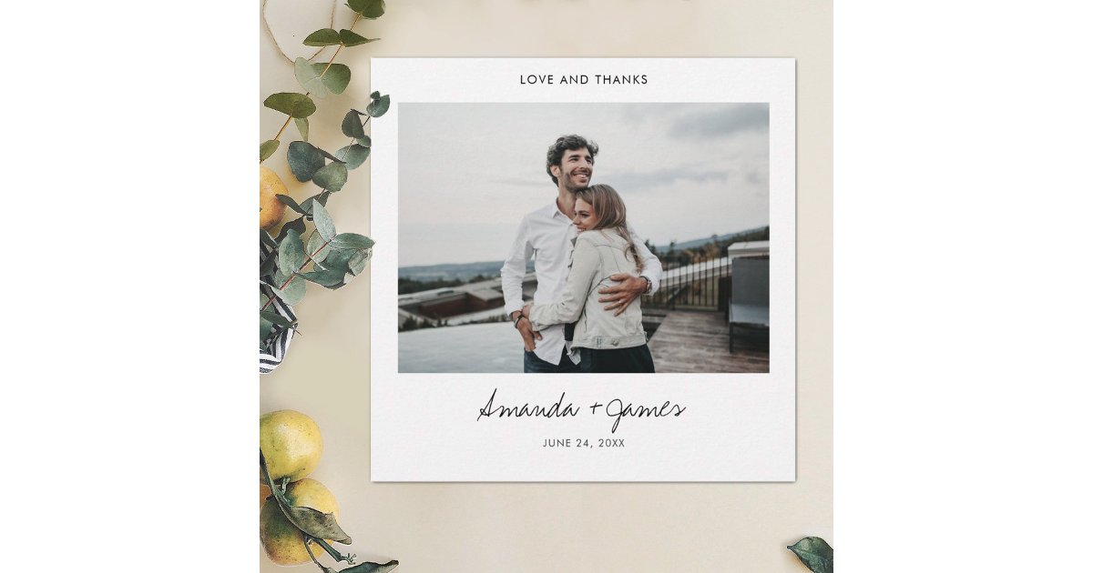 Simple Stylish Modern Black Script Photo Wedding Thank You Card | Zazzle