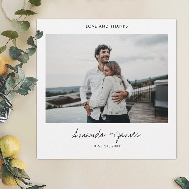 Simple Stylish Modern Black Script Photo Wedding Thank You Card (Creator Uploaded)