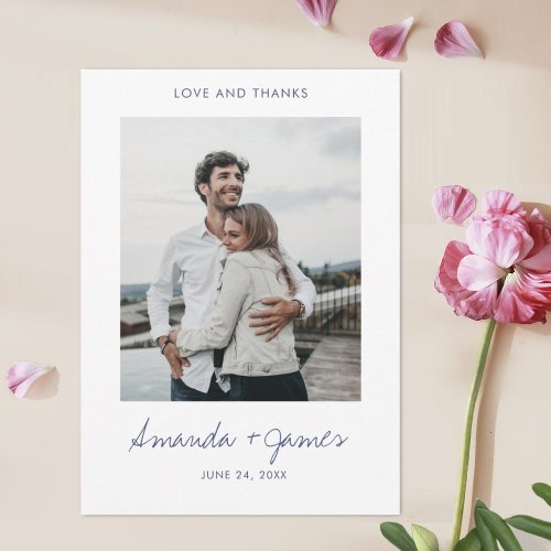 Simple Stylish Modern Blue Script Photo Wedding Thank You Card