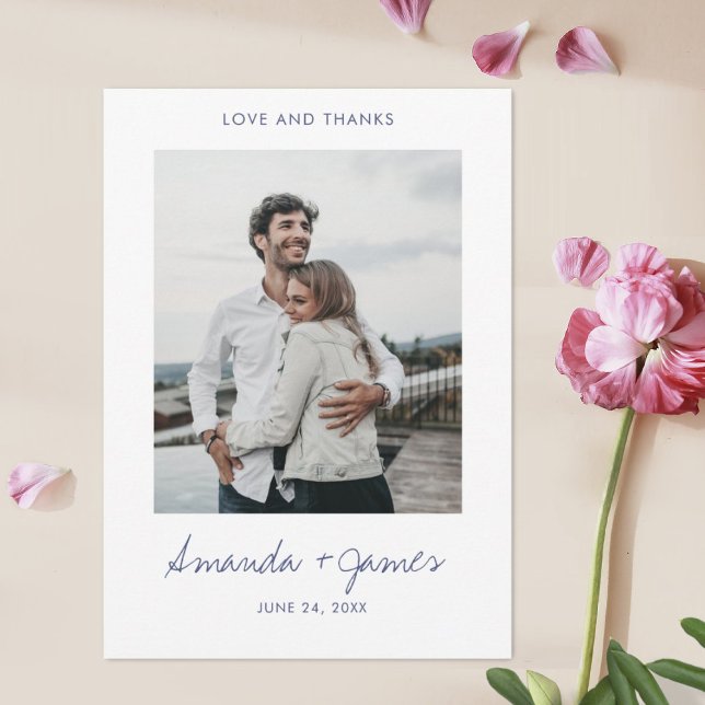 Simple Stylish Modern Blue Script Photo Wedding Thank You Card (Creator Uploaded)