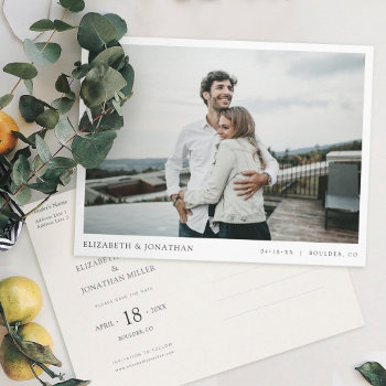 Simple Stylish Modern Photo Wedding Save The Date Invitation Postcard by goattreedesigns at Zazzle