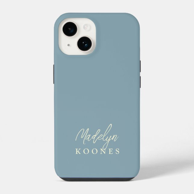 Simple Stylish Modern Script Name Dusty Blue Iphone Case (Back)
