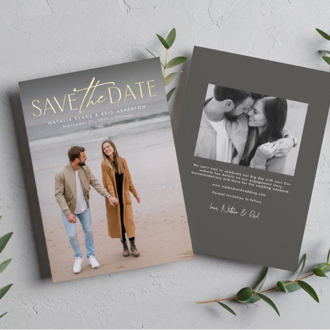 Simple stylish modern vertical photo save the date foil invitation (Creator Uploaded)