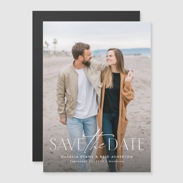 Simple stylish modern vertical photo save the date magnetic invitation (Front/Back)