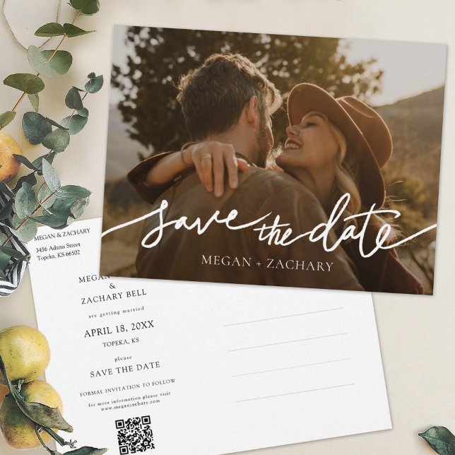 Simple Stylish Modern White Script Save the Date Invitation Postcard (Creator Uploaded)