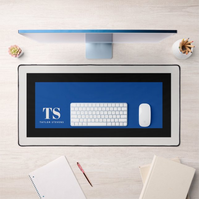Simple Stylish Monogram Blue Color Block  Desk Mat (Office 1)