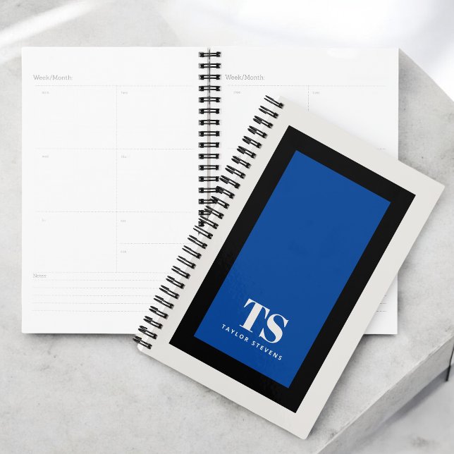 Simple Stylish Monogram Color Block Blue Planner (Personalize with your initials and name. Great for back to school assignments!)