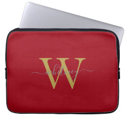 Simple Stylish Monogram Name &amp; Initial Red  Laptop Sleeve