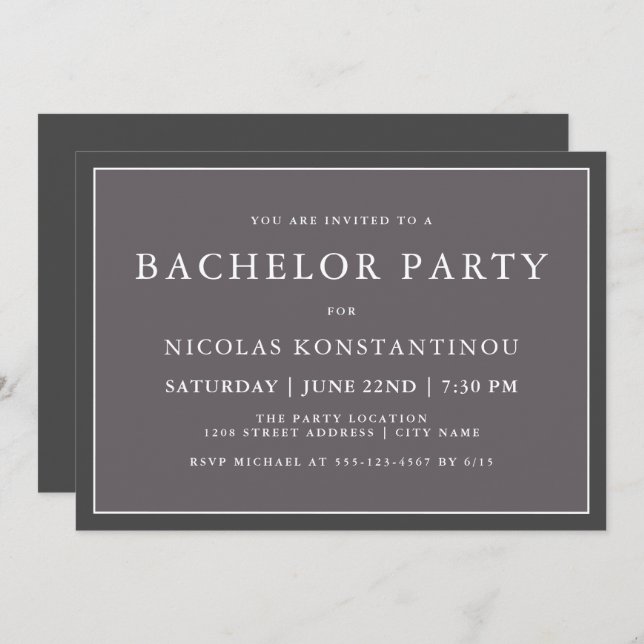 Simple Stylish Neutral Dark Gray Bachelor Party Invitation (Front/Back)
