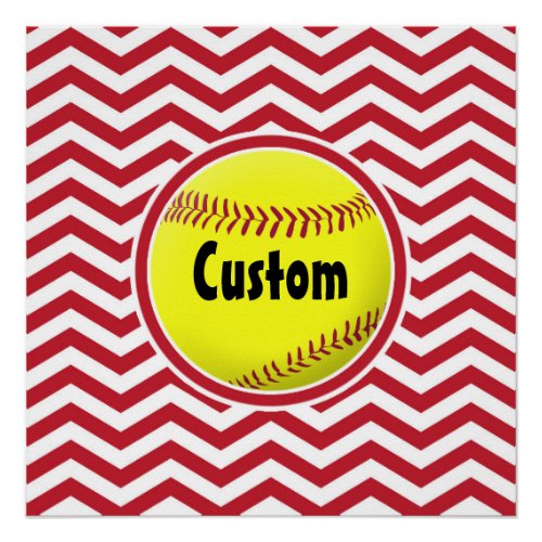 Simple Stylish Red  White Softball Custom Poster