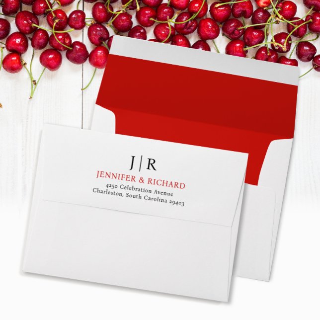 Simple Stylish Red White Wedding Address Monogram Envelope (Creator Uploaded)