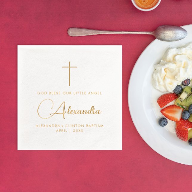 Simple Stylish Religious Baptism Cross Name Script Foil Napkins (Creator Uploaded)