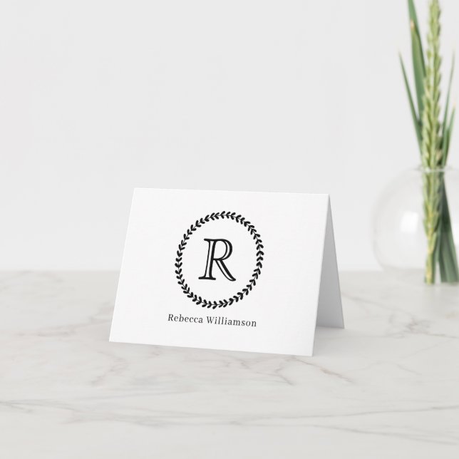 Simple Stylish Rustic Modern Wreath Monogram Black Note Card (Front)