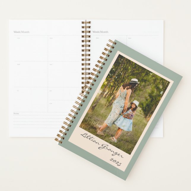 Simple Stylish Sage Green Personalized Photo 2025 Planner (Display)