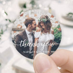 Simple Stylish Script and Photo Wedding Thank You Classic Round Sticker<br><div class="desc">Add an elegant personalized touch to wedding thank you cards and reception party favors with custom photo round stickers / envelope seals. The picture and all wording on this template are simple to personalize. "Thank you" can be changed to love & thanks, welcome, the couple's initials, other text, or it...</div>