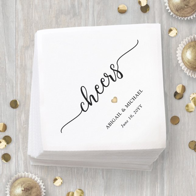 Simple Stylish Script Cheers & Gold Heart Wedding Napkins (Creator Uploaded)
