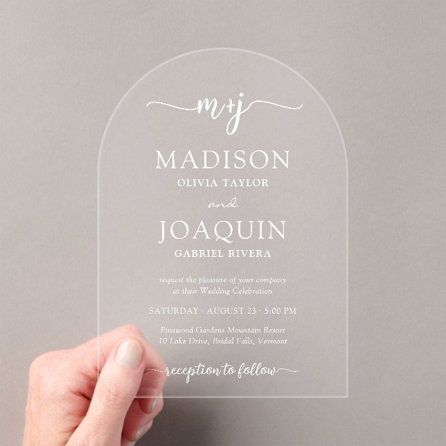Simple Stylish Script Initials Wedding Arched Acrylic Invitations (Insitu (Handheld))