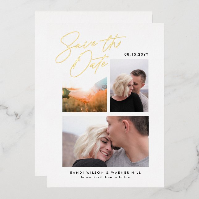 Simple & Stylish Three Photo Save the Date  Foil Invitation (Front/Back)