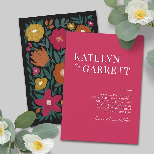 Simple Stylish Type Magenta Floral Black Wedding   Invitation