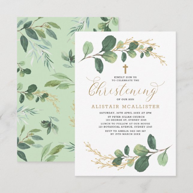 Simple & Stylish Watercolor Greenery Christening Invitation (Front/Back)